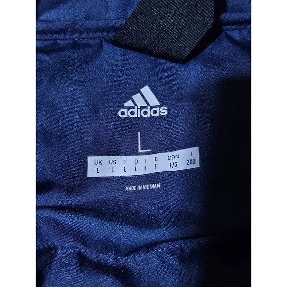 Adidas Itavic 3-Stripes Mens L Blue Hooded Puffer Jacket Full Zip Winter Coat